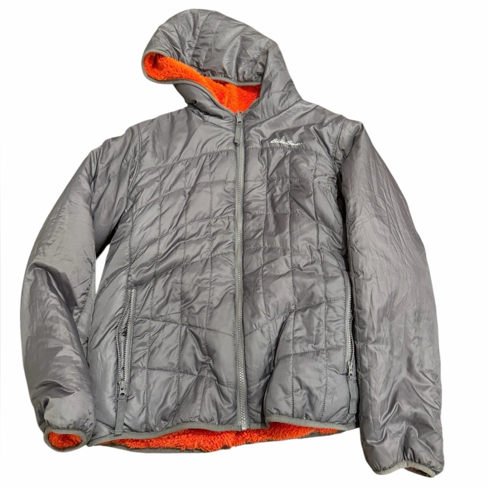 Eddie Bauer Reversible‎ Sherpa Puffer Jacket Hooded Orange Gray Kids Small